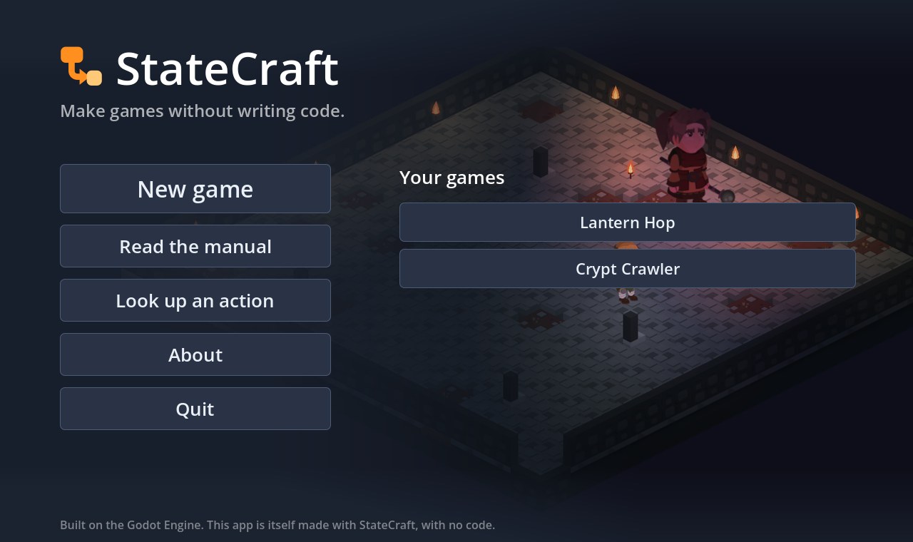 The StateCraft front page: New game, the manual, the action reference, and your games.