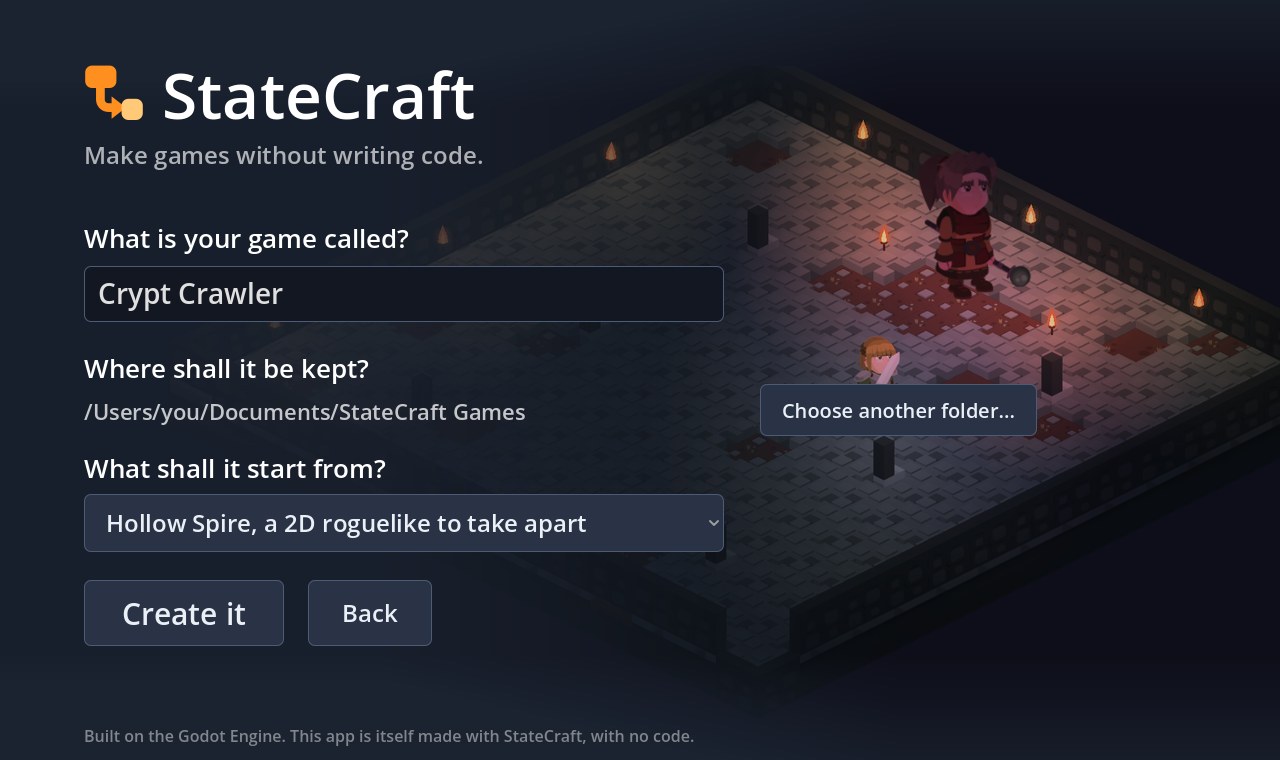 Starting a new game in StateCraft: a name, a folder, and what it starts from.