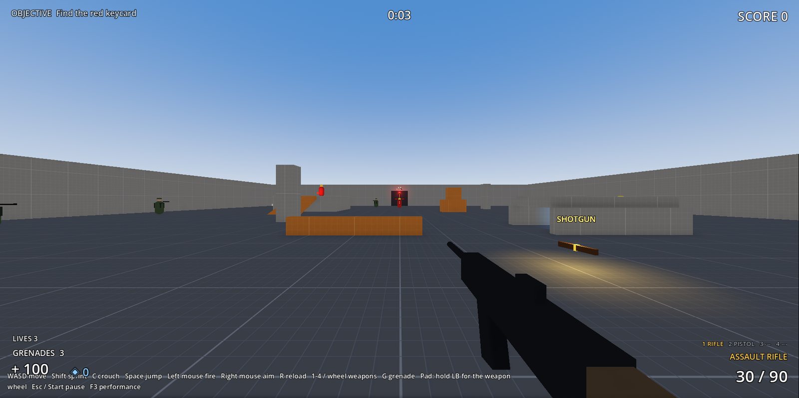 Arena: a first-person view of a warehouse arena, assault rifle in hand.
