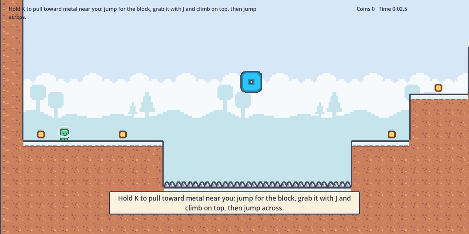 Lantern Hop: the hero on a pixel-art level with coins and a gap to cross.