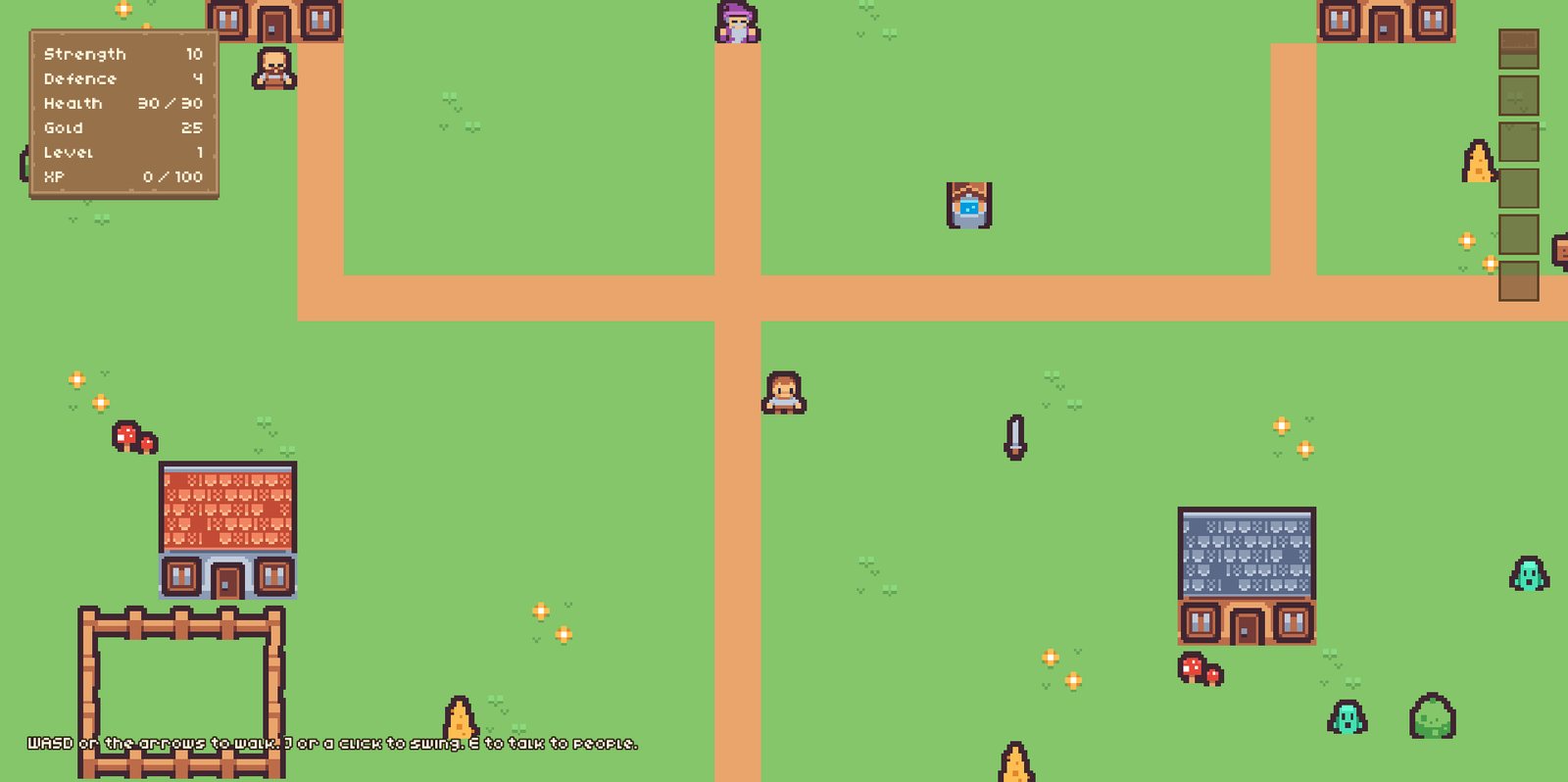 Mossbrook: a pixel-art village with houses, paths and villagers.