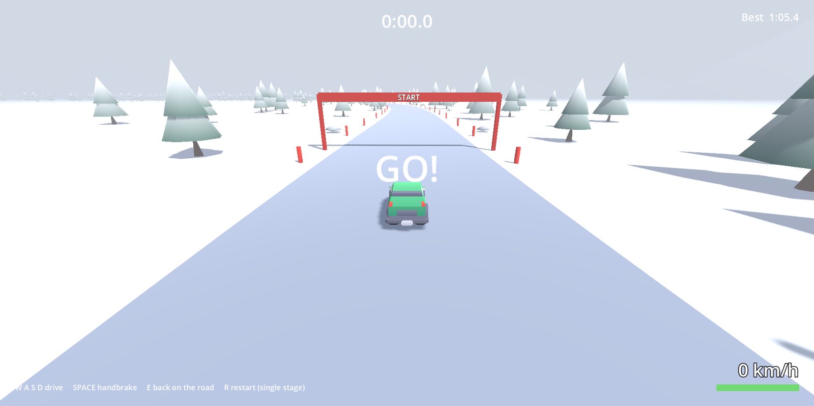 Handbrake Rally: the car on the start line of a snow stage.